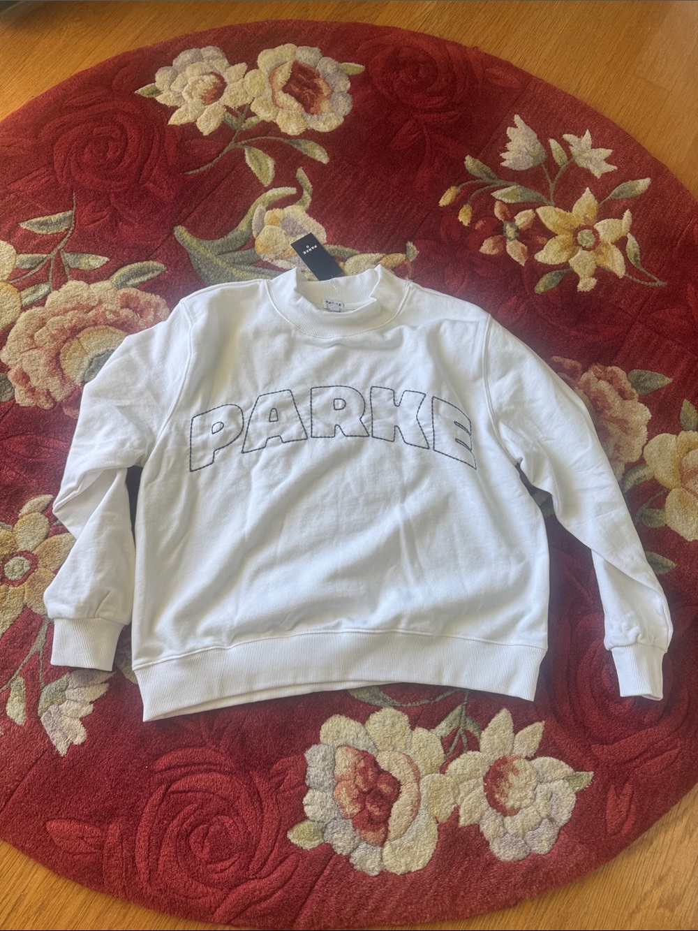 Parke White Crewneck Sweatshirt with Black Outline Logo NWT